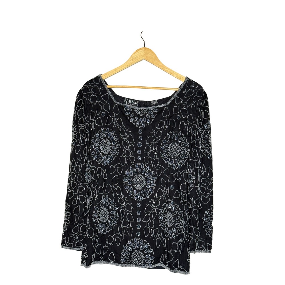 Jakelin Designs Pure Silk Beaded Black Tunic Top Vintage Evening Blouse Silk S